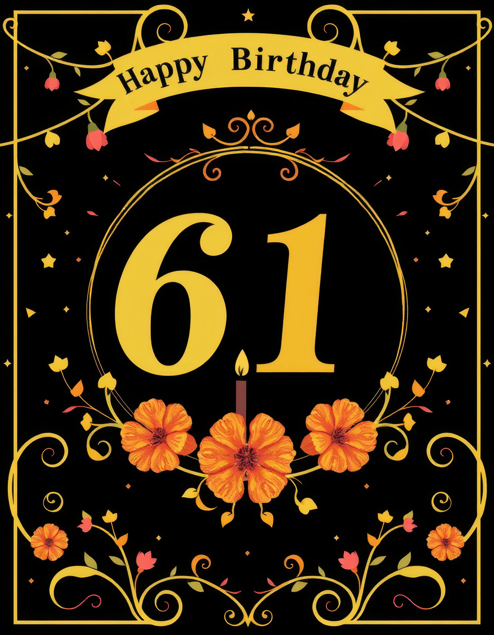 Celebration of a 61st birthday with vibrant floral designs and decorative elements